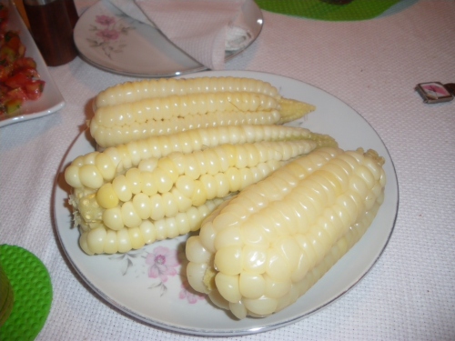 Choclo, the big kerneled corn that is typical to Peru, as served by Señora Aldé