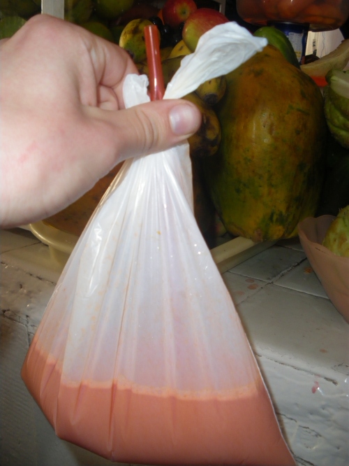 A sack of fresh squeezed orange-carrot juice.  To-go in Peru means in a bag, no matter what.